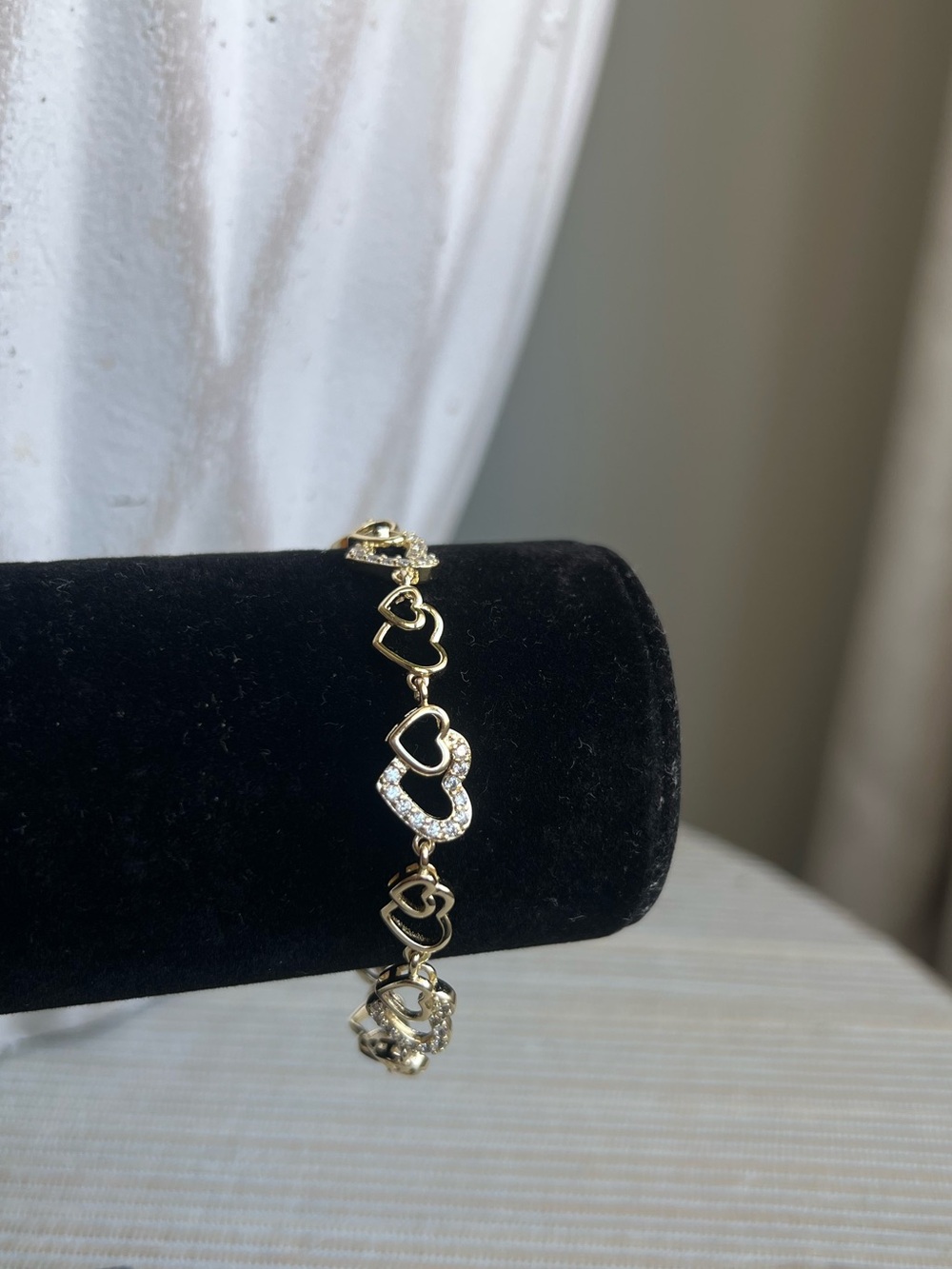 Plain Gold and pavé Heart Link Bracelet with Crystal Accents